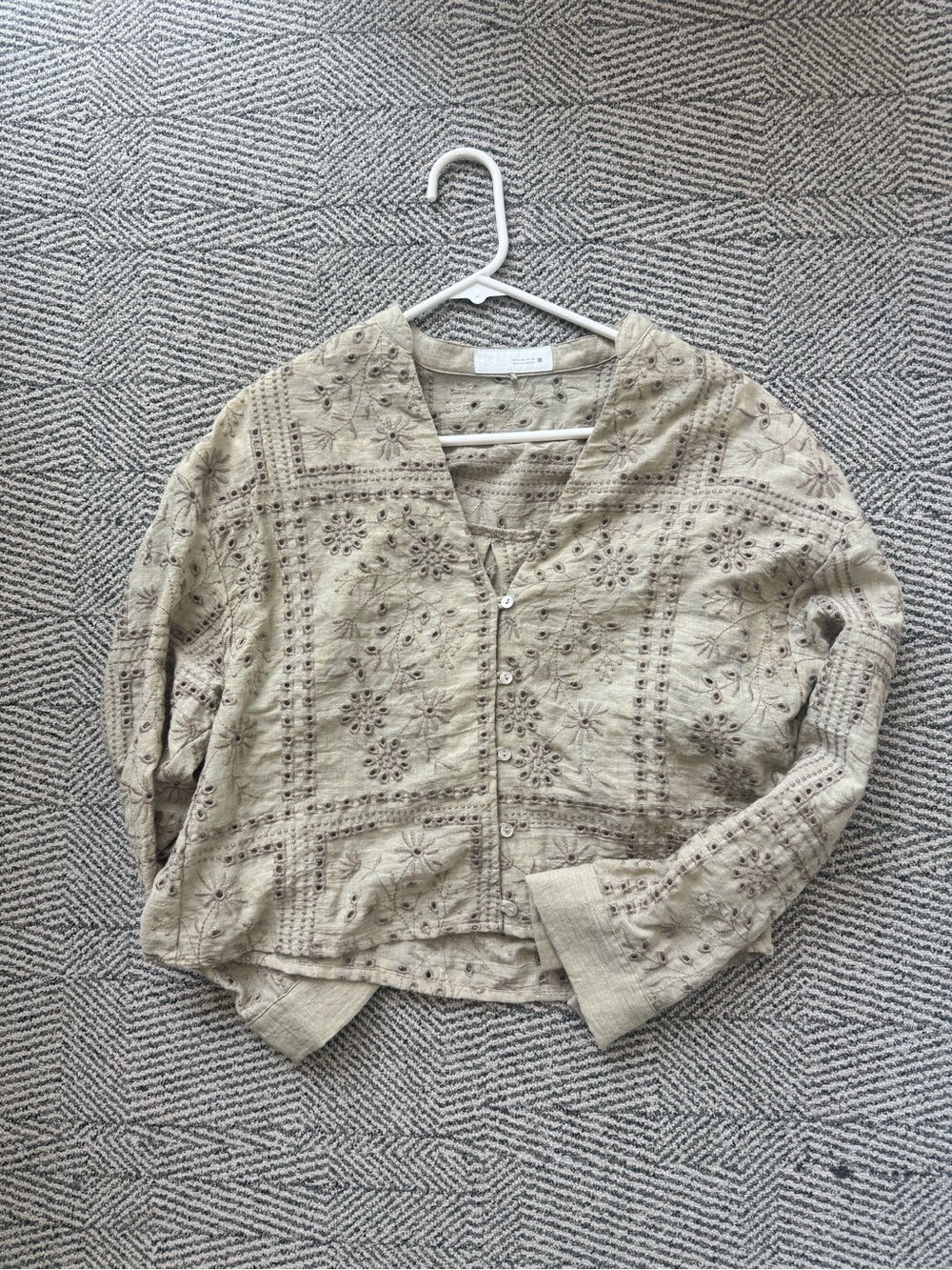 Zara Sage Green Embroidered Eyelet Button-Front Top Size XS